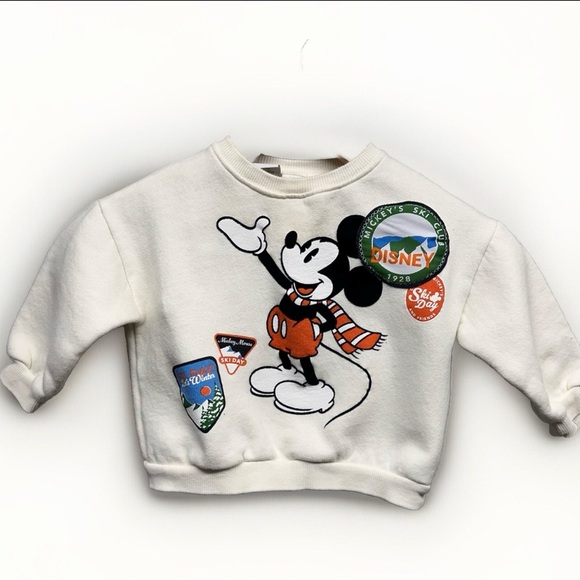 ZARA Disney 100 Baby 12-18 Months Mickey Mouse Ski Club Sweatshirt Patches Cream - Picture 1 of 7